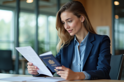 Jeune femme avec passeport et visa dans un bureau moderne