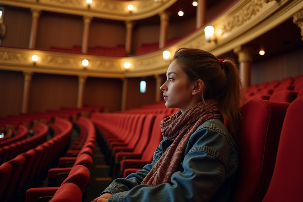 Jeune femme assise dans un theatre opulent en velours rouge