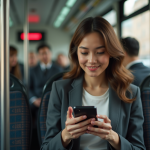 Jeune femme en tram urbain utilisant une application mobile