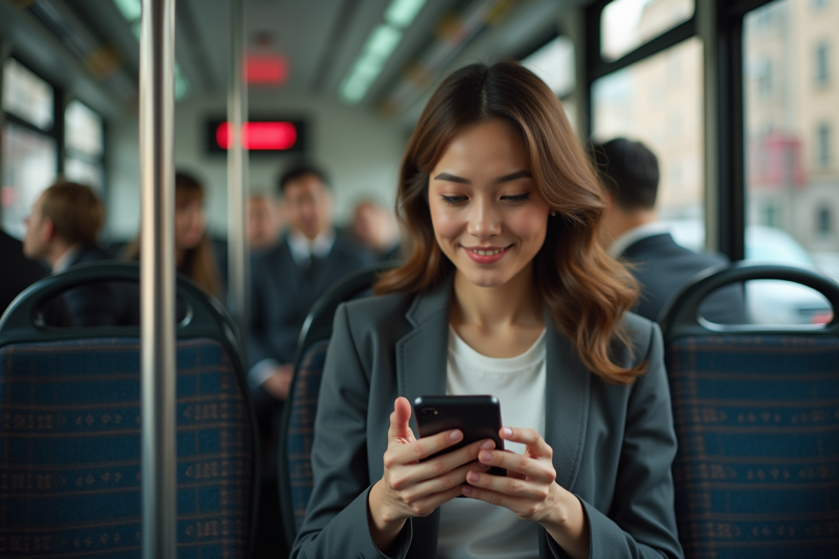 Jeune femme en tram urbain utilisant une application mobile