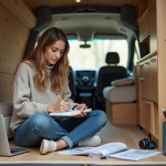 Jeune femme en van en cours de conversion avec notes et ordinateur