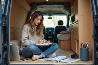 Jeune femme en van en cours de conversion avec notes et ordinateur