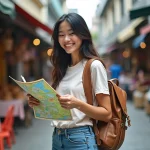 Jeune femme filipino souriante avec carte dans un marché de Manila