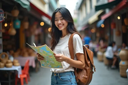Jeune femme filipino souriante avec carte dans un marché de Manila