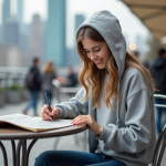 Jeune étudiante souriante dans un café urbain avec skyline