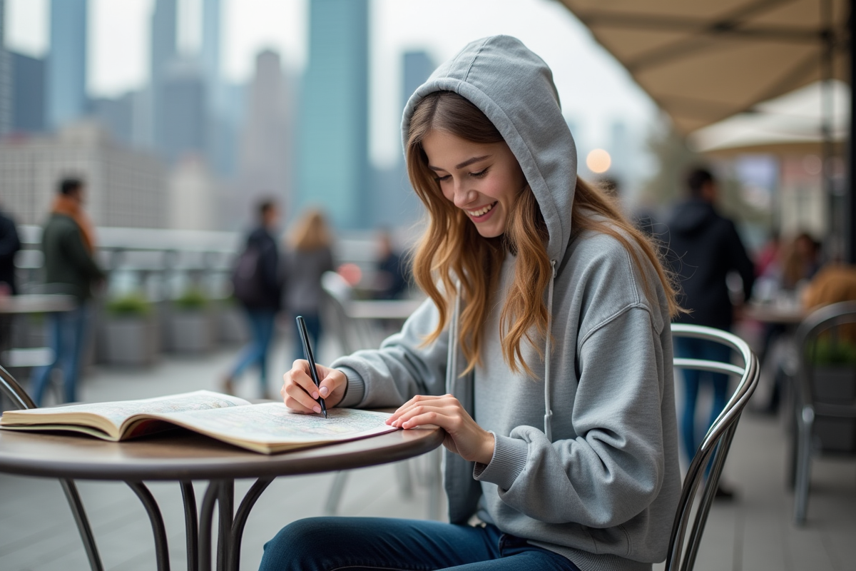 Jeune étudiante souriante dans un café urbain avec skyline
