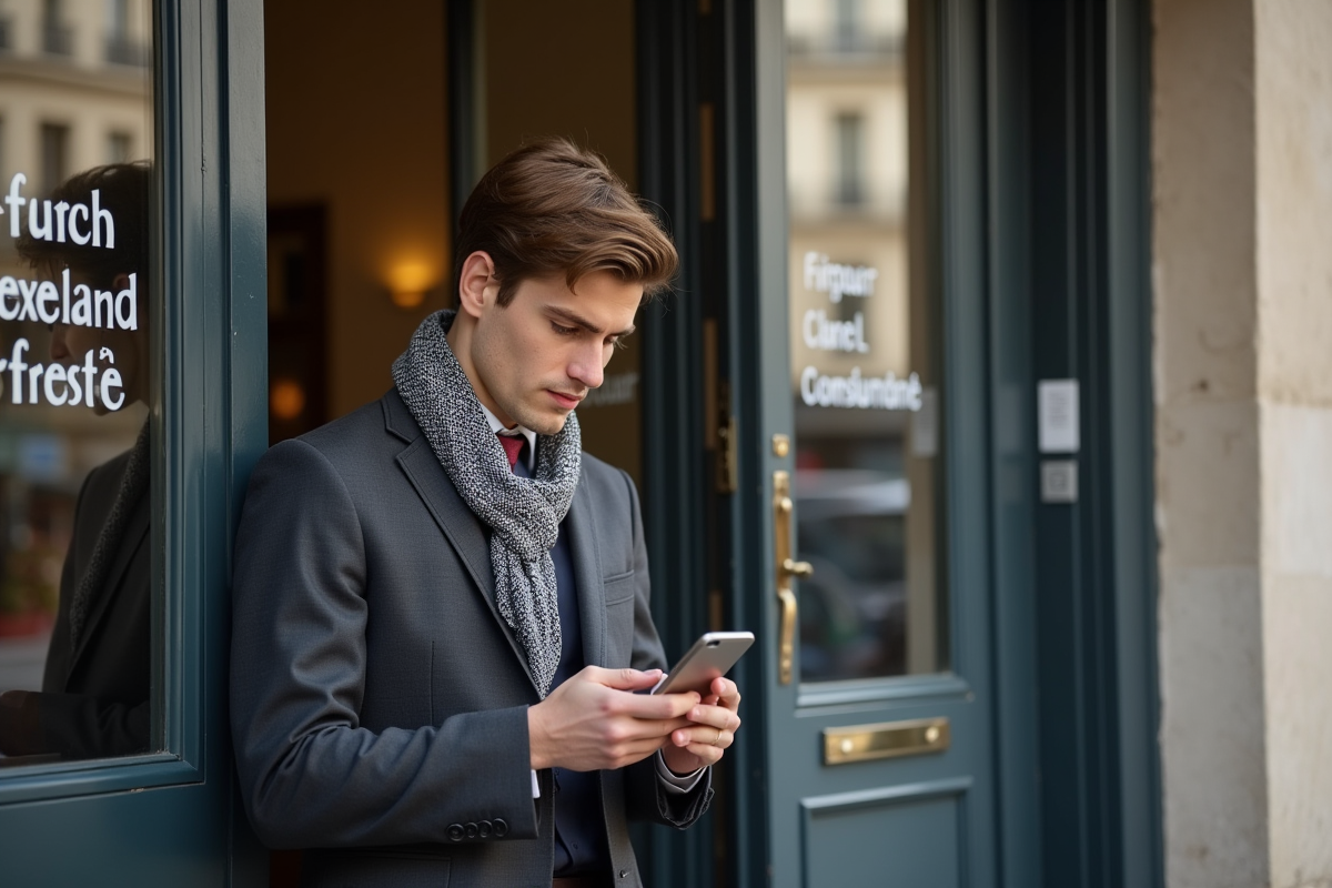 Jeune homme vérifiant des formulaires devant un consulat français