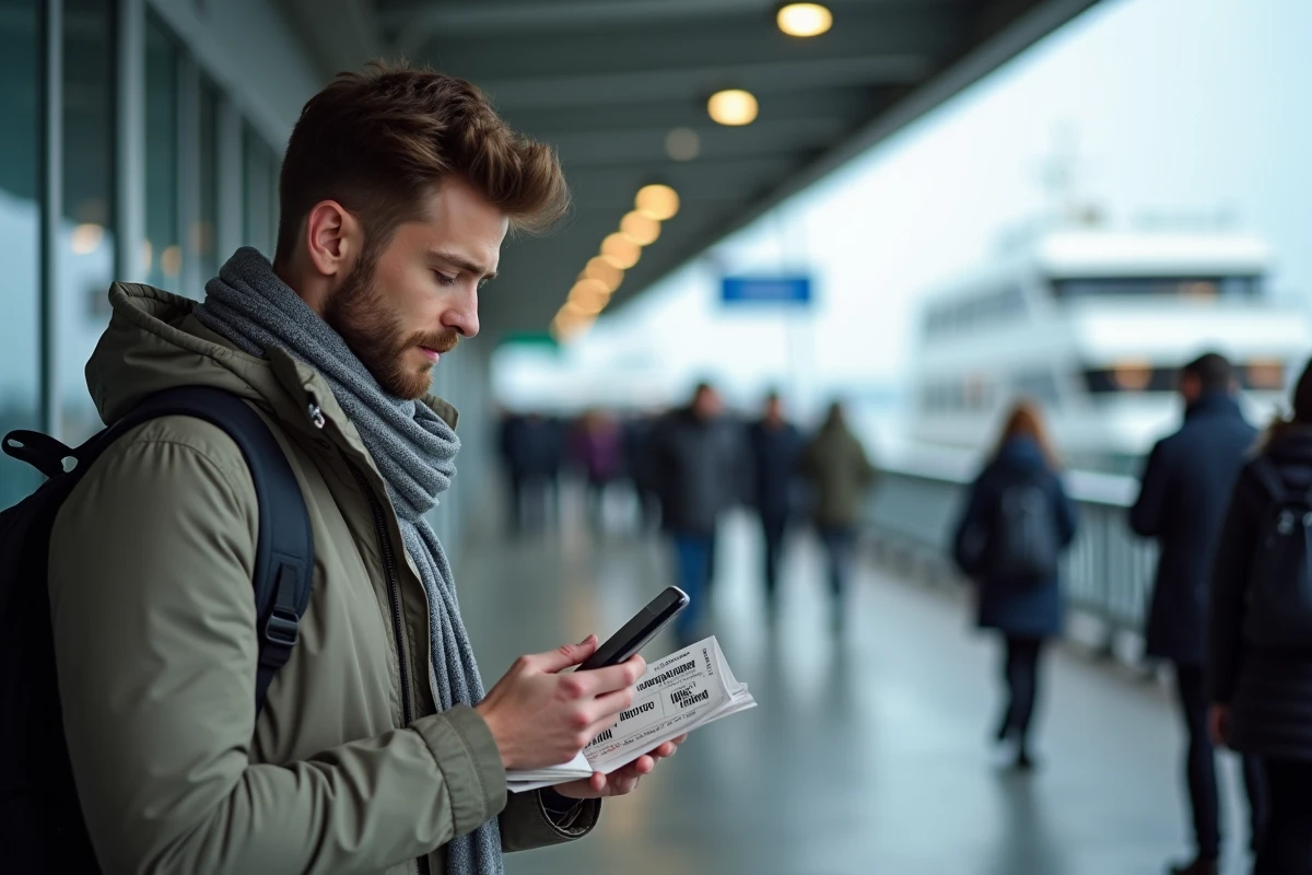 Jeune homme regardant son smartphone au terminal de ferry