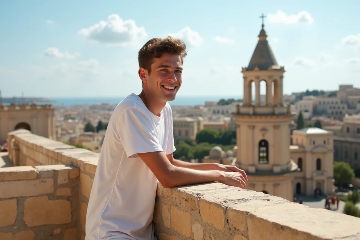 Jeune homme contemplant Mdina depuis la muraille