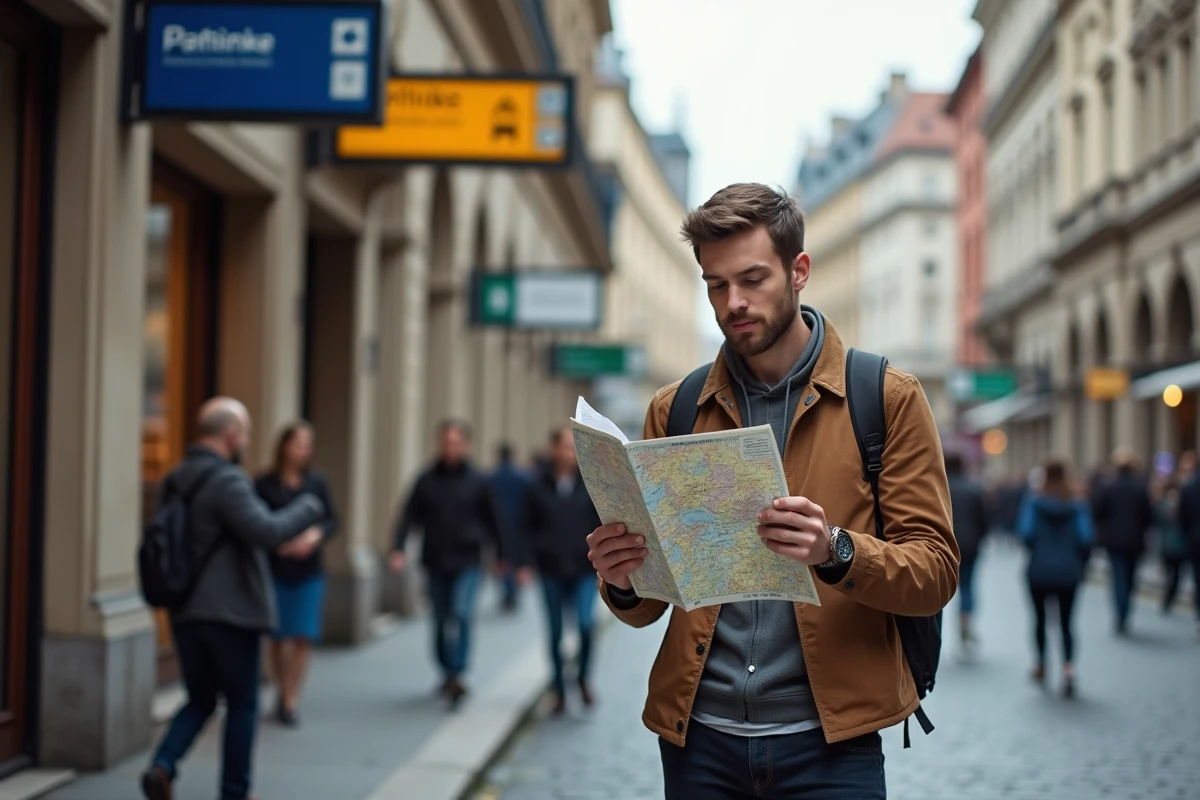 Jeune homme avec carte dans une station de train européenne