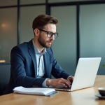 Jeune homme en costume travaillant sur un ordinateur en bureau