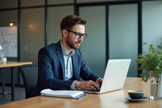 Jeune homme en costume travaillant sur un ordinateur en bureau