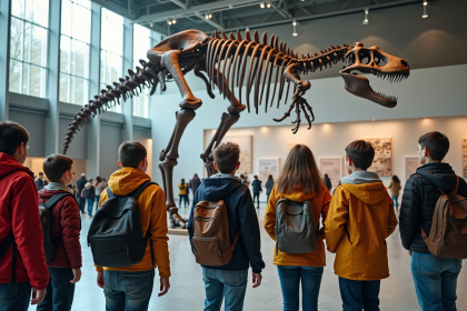Jeunes élèves admirant un squelette de dinosaure au musée