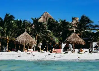 people on beach near brown nipa hut during daytime