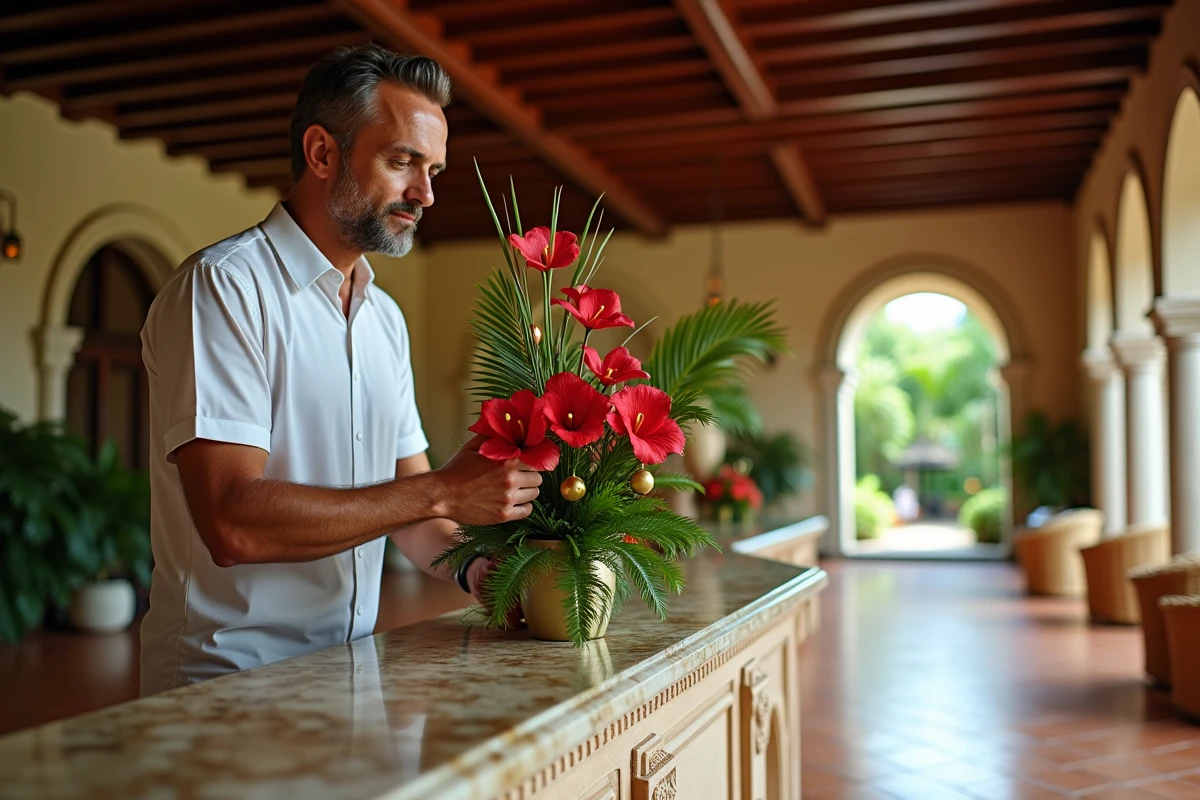 Concierge d'hôtel de luxe arrangeant une décoration de Noël tropicale dans le lobby en Guadeloupe
