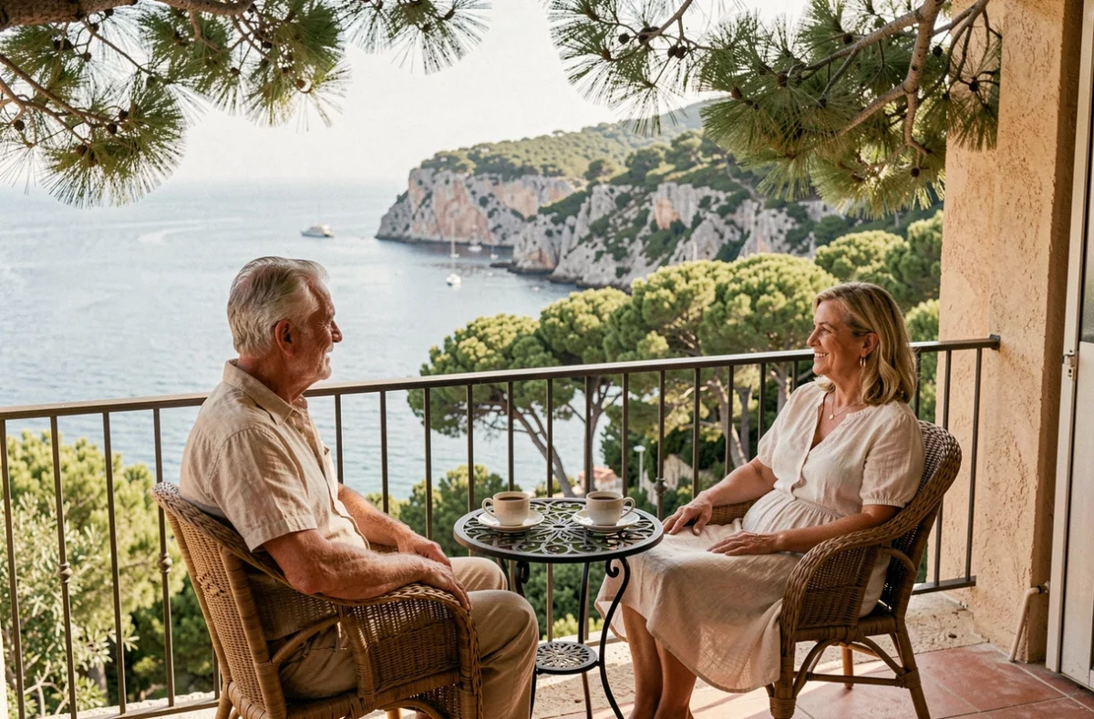 Couple se relaxant sur le balcon d'une location de vacances en Corse avec vue sur une baie turquoise