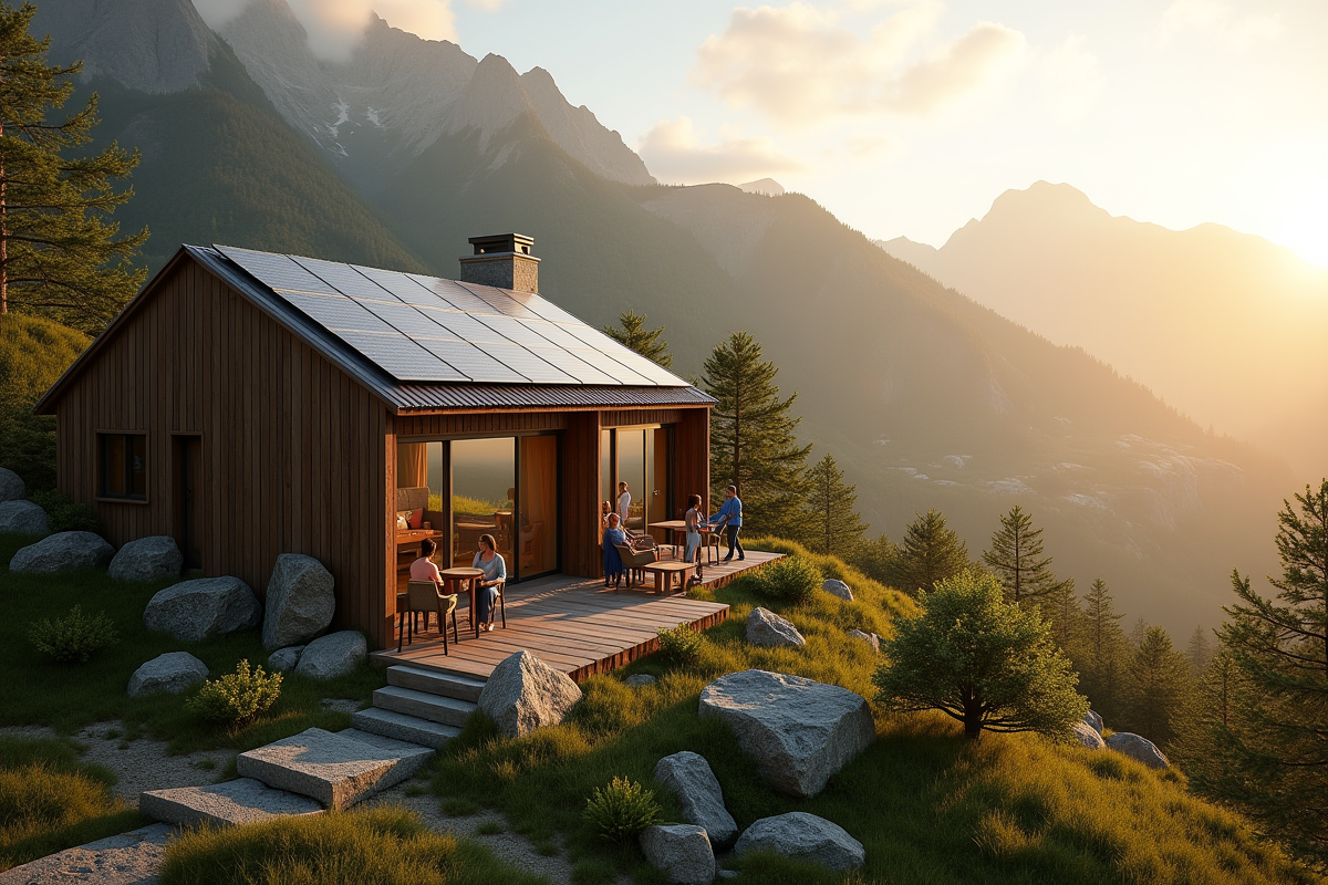 Cabane écologique en montagne au lever du soleil avec touristes