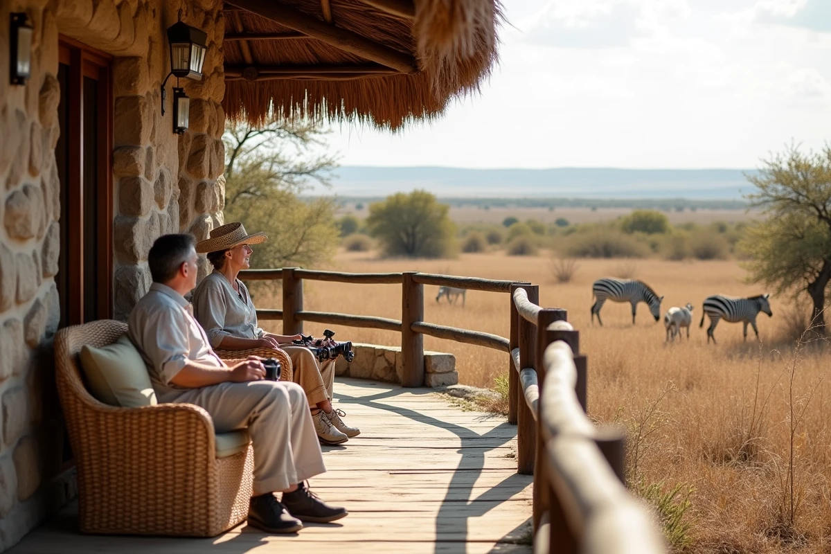 Terrasse d'un lodge safari au Serengeti avec vue sur un point d'eau et des zèbres en arrière-plan