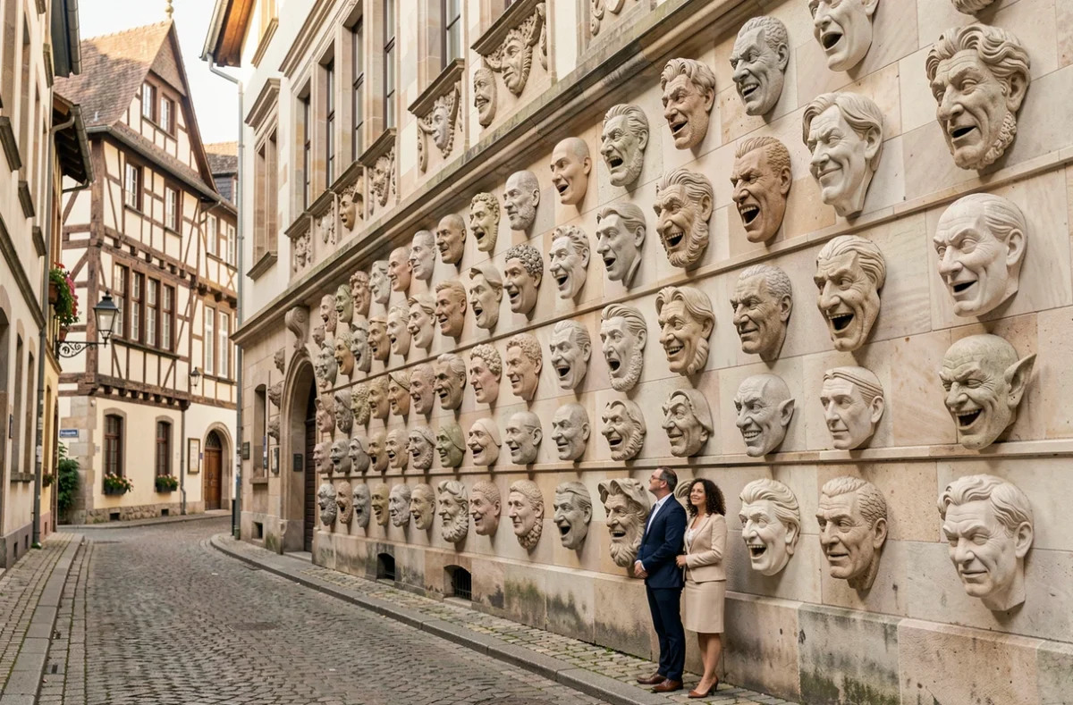 Façade Renaissance sculptée de La Maison des Têtes à Colmar avec ses masques en pierre et ses ornements historiques