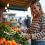 Femme souriante choisissant des légumes frais au marché de Fort Mahon
