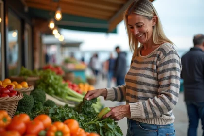 Femme souriante choisissant des légumes frais au marché de Fort Mahon