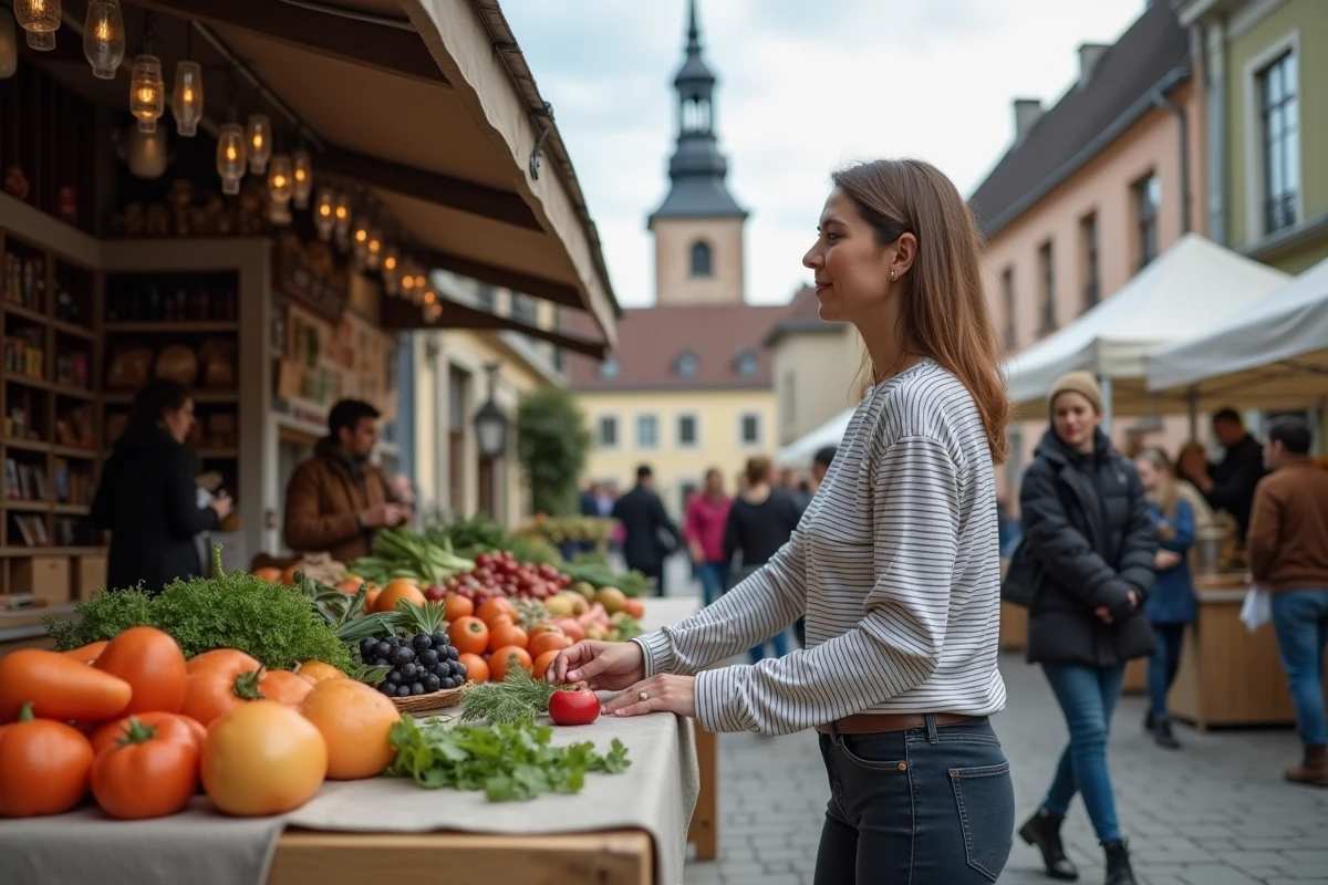 Femme visitant un marché local animé dans le centre de Rodange au Luxembourg