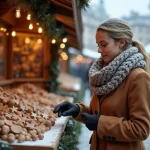 Femme au marché de Noël de Ljubljana en hiver, stands en bois décorés de guirlandes et château en arrière-plan