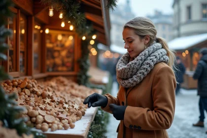 Femme au marché de Noël de Ljubljana en hiver, stands en bois décorés de guirlandes et château en arrière-plan