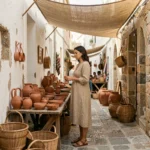Femme explorant un marché artisanal ombragé dans une ruelle de Crète par forte chaleur