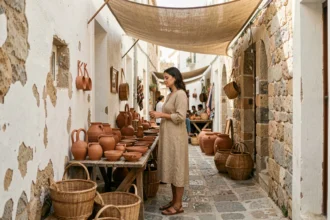 Femme explorant un marché artisanal ombragé dans une ruelle de Crète par forte chaleur