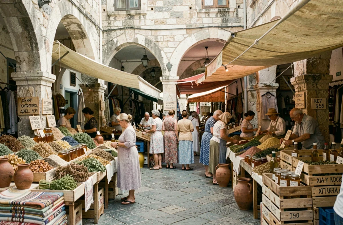 Marché traditionnel crétois dans une vieille place pavée, vendeurs locaux et produits artisanaux méditerranéens