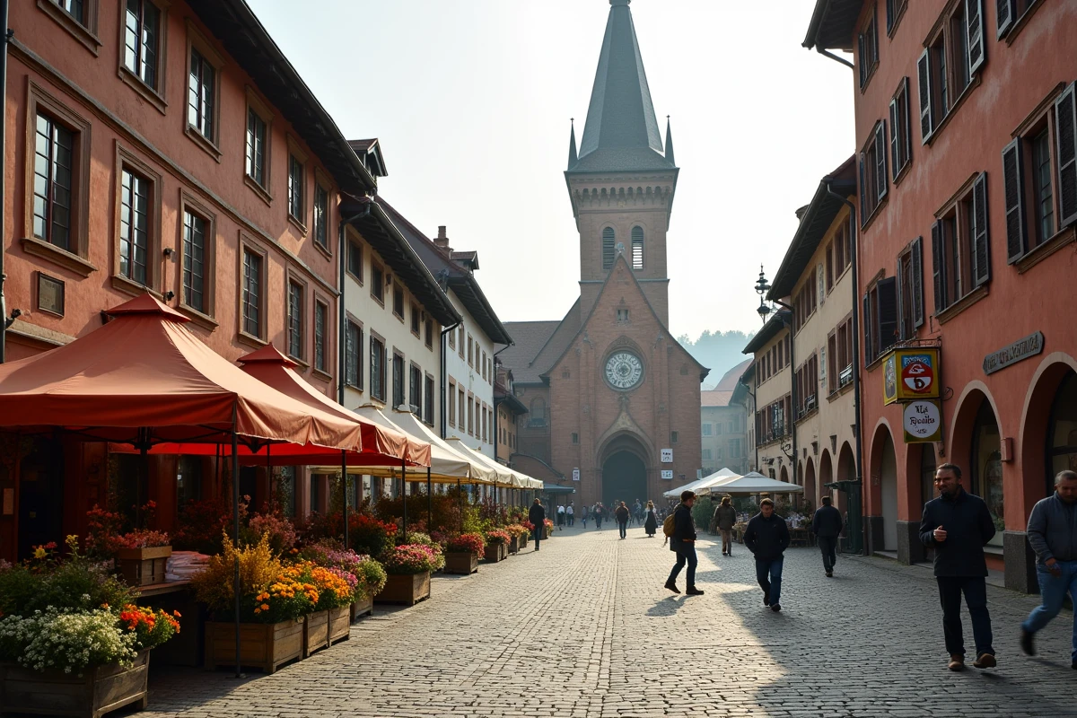 La Marktplatz de Heidelberg avec l'église du Saint-Esprit et un marché en plein air dans la vieille ville alsacienne