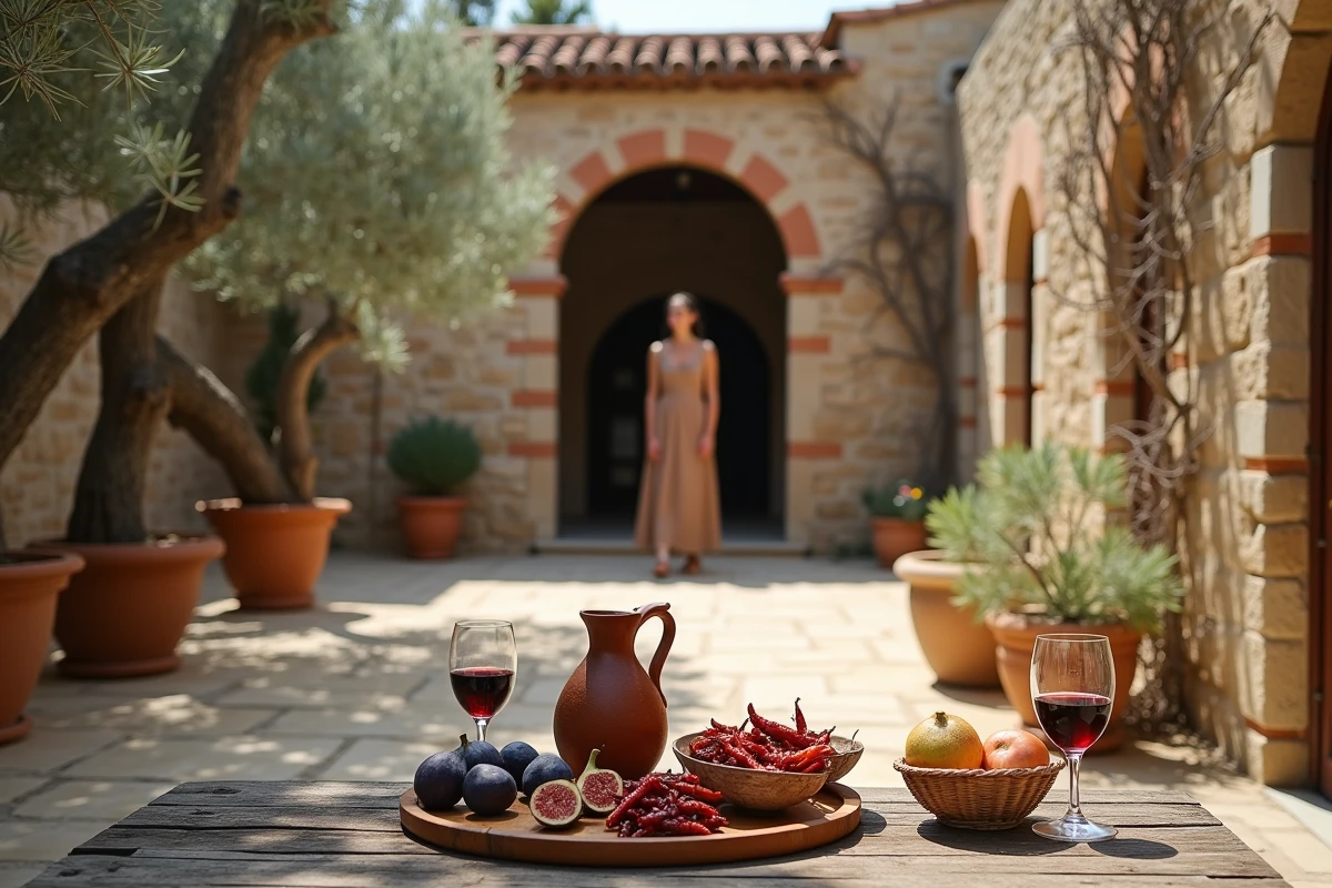 Cour de masseria avec table de produits locaux et oliviers centenaires en automne dans les Pouilles