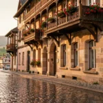 Vue panoramique d'un hôtel alsacien typique avec colombages et géraniums rouges dans le Haut-Rhin