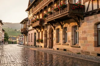 Vue panoramique d'un hôtel alsacien typique avec colombages et géraniums rouges dans le Haut-Rhin