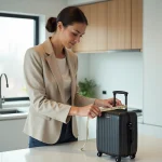 Femme mesurant une valise cabine Air France sur un comptoir de cuisine moderne