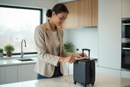 Femme mesurant une valise cabine Air France sur un comptoir de cuisine moderne