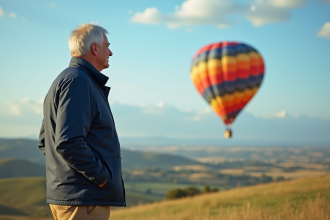 Homme surveillant un ballon coloré dans la campagne