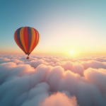 Montgolfière colorée au lever du soleil au-dessus des nuages