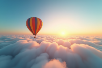 Montgolfière colorée au lever du soleil au-dessus des nuages