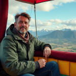Homme dans une montgolfière regardant le paysage montagneux