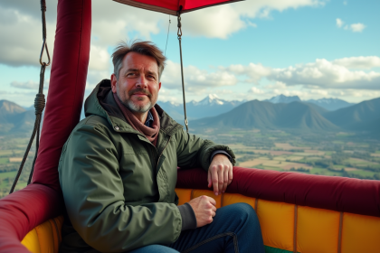 Homme dans une montgolfière regardant le paysage montagneux