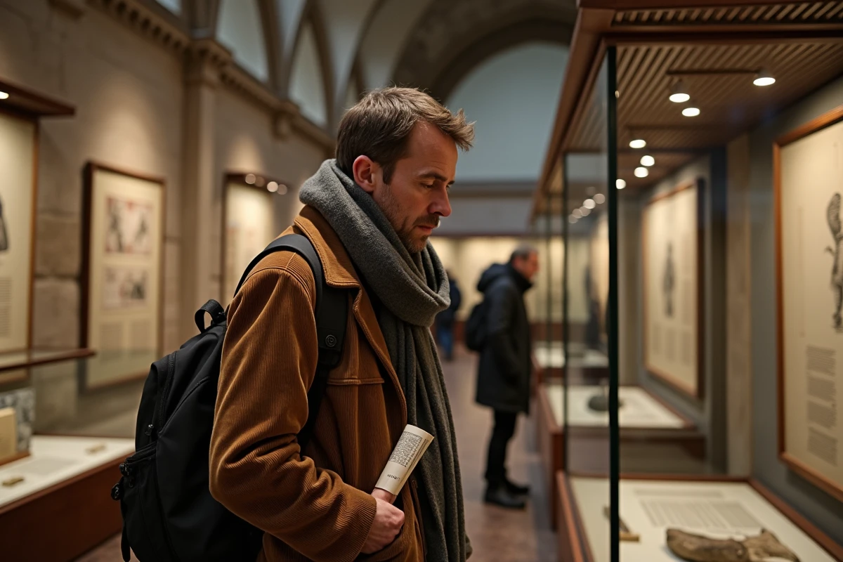 Visiteur explorant les collections historiques du musée municipal de Tubingue par une journée pluvieuse, devant une vitrine d'artefacts médiévaux