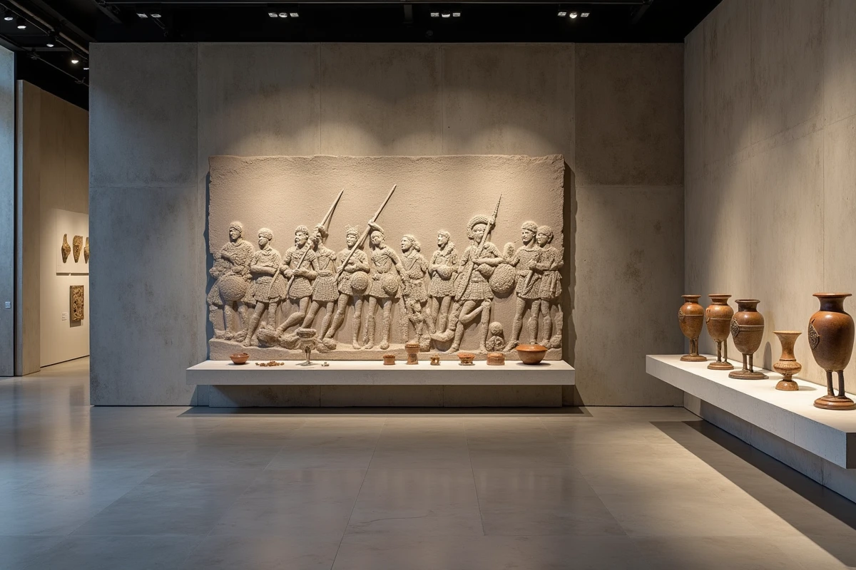 Galerie d'exposition du MuséoParc Alésia présentant des reproductions de la bataille entre Gaulois et Romains