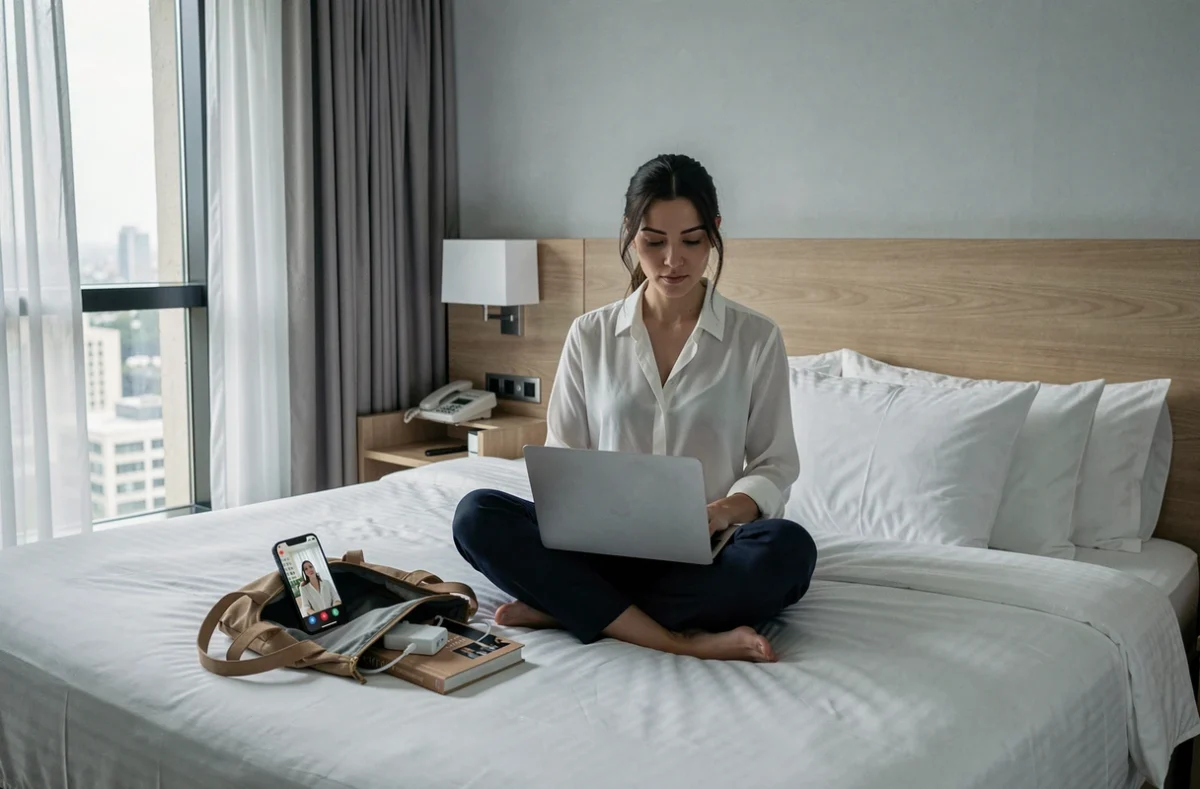 Nomade numérique en visioconférence sur son lit d'hôtel loué à la journée, illustrant le télétravail en mobilité