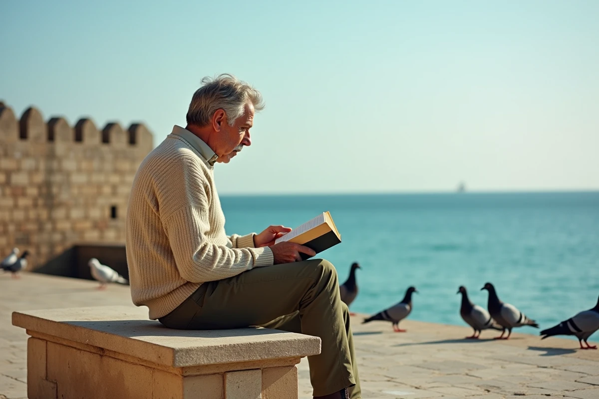 Homme lisant sur un banc au bord de la mer à Otrante en automne dans les Pouilles italiennes
