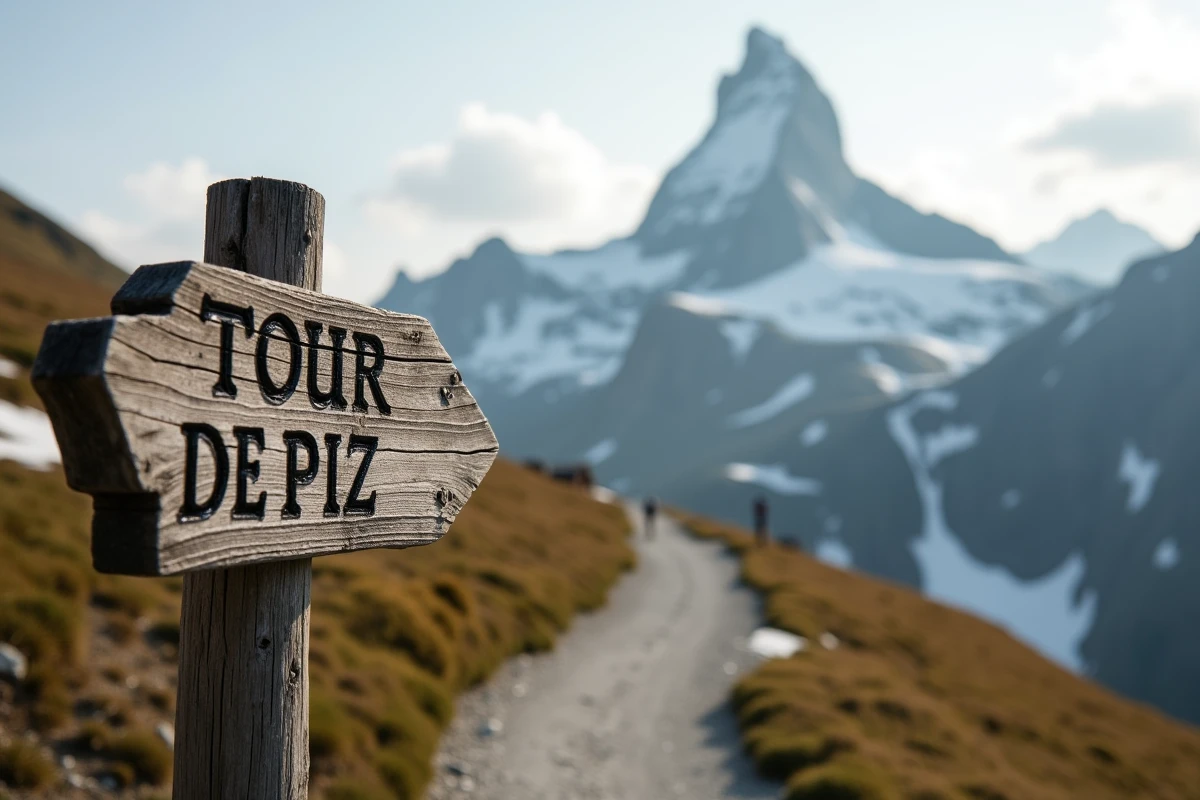 Panneau de randonnée indiquant la Tour de Piz avec le sommet en arrière-plan, idée de cadrage pour photographier la montagne