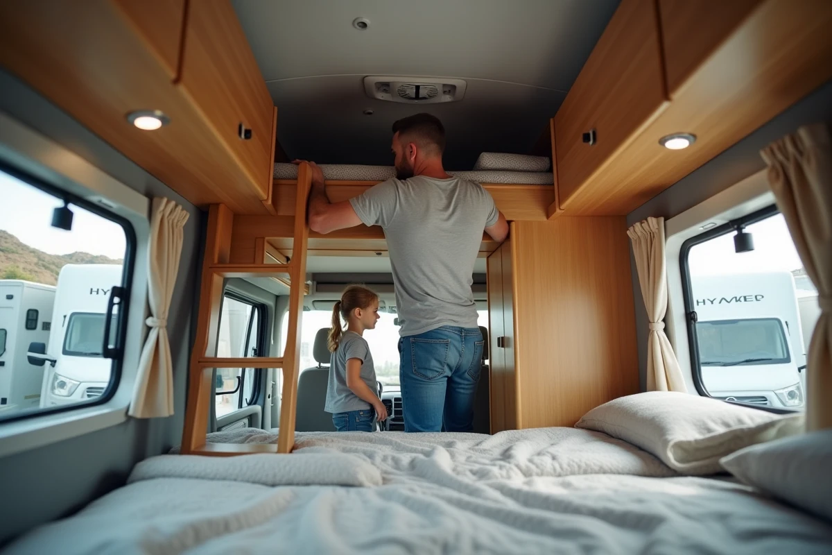 Père ajustant le lit en camping-car avec sa fille curieuse