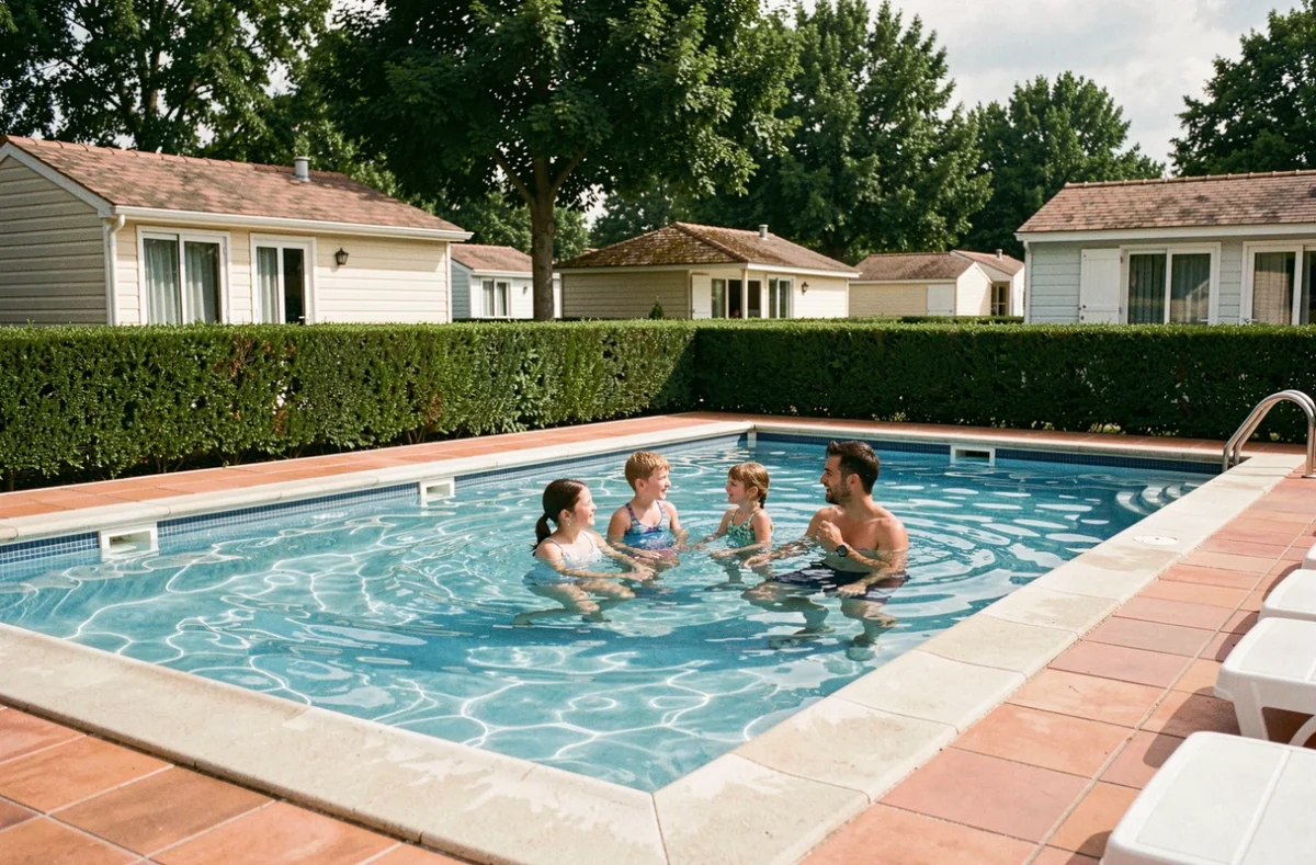 Piscine rectangulaire avec terrasse carrelée et vue sur les hébergements au Parc de Fierbois en Touraine
