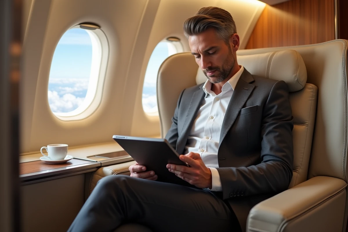 Passager en classe affaires dans une suite privée Etihad Airways en vol